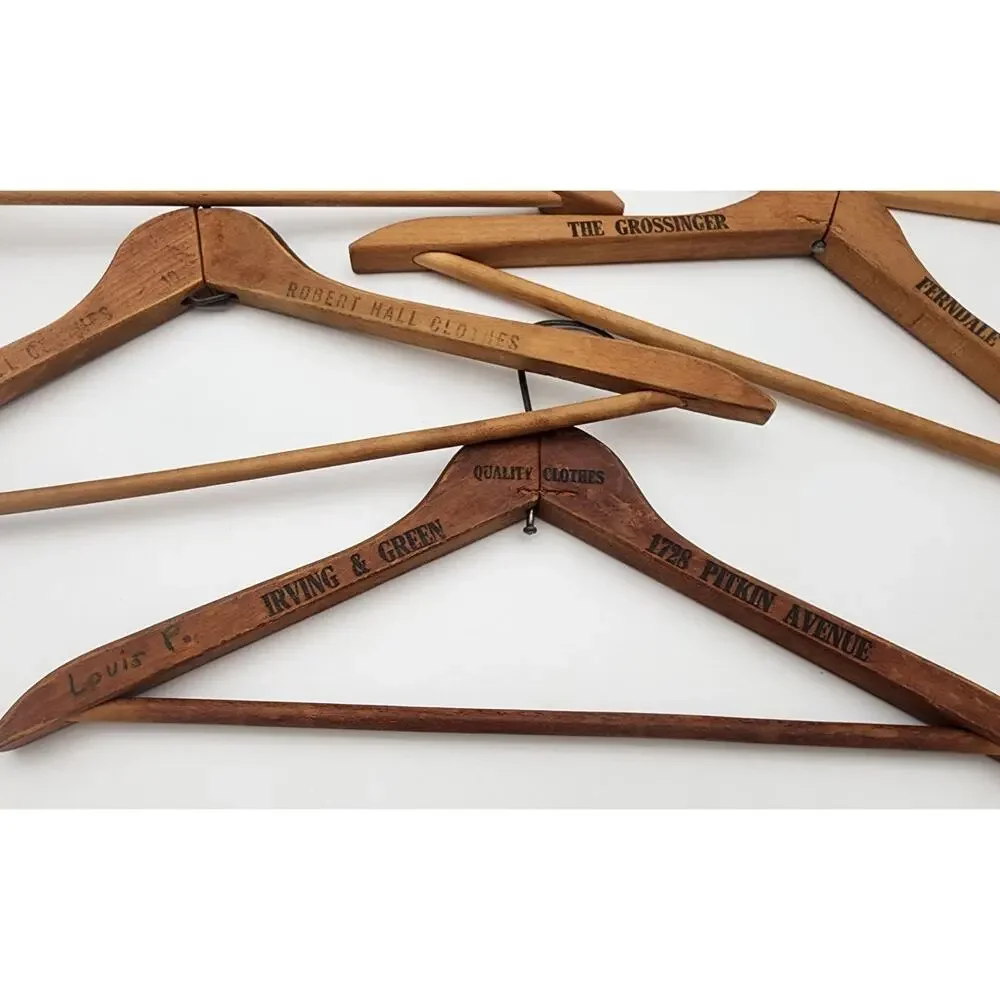 Vtg Lot of 5 Wood Coat Hangers Hotel Dept Store Advertising Syracuse New Yorker